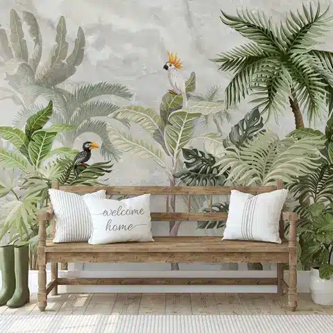 oo19289389_1 Wooden bench with pillows in front of tropical mural featuring palm leaves and exotic birds. | Sky Rye Design Wooden bench with pillows in front of tropical mural featuring palm leaves and exotic birds.