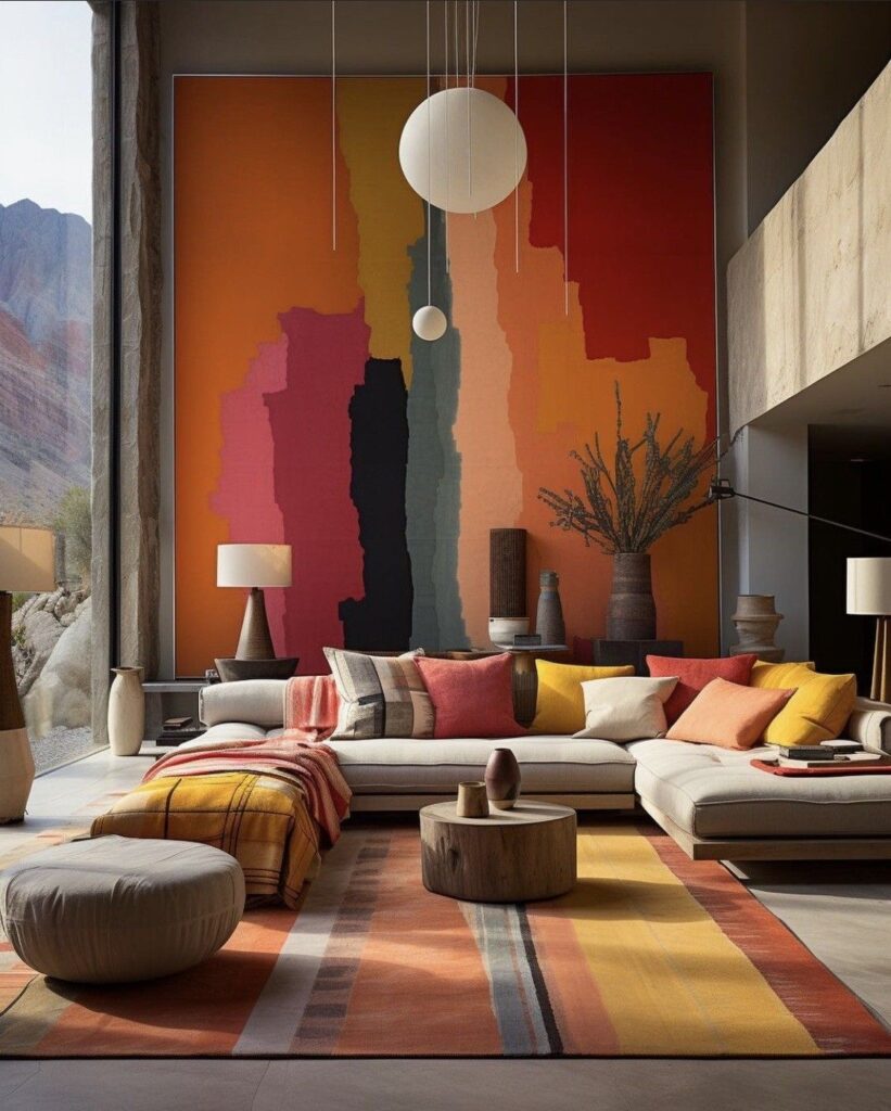 Modern living room with colorful abstract wall art, cozy sectional sofa, and vibrant decor accents under natural light.