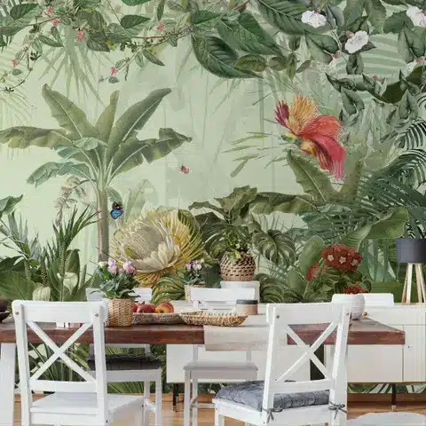 ou000026-1 Dining room with a tropical wallpaper featuring lush greenery and colorful flowers, enhancing the nature-inspired decor. | Sky Rye Design Dining room with a tropical wallpaper featuring lush greenery and colorful flowers, enhancing the nature-inspired decor.
