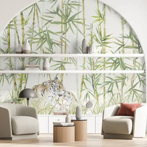 ou000081-style1-1_1 Modern living room with bamboo mural, shelves, and sleek decor. Cozy seating adds style and comfort to the space. | Sky Rye Design Modern living room with bamboo mural, shelves, and sleek decor. Cozy seating adds style and comfort to the space.