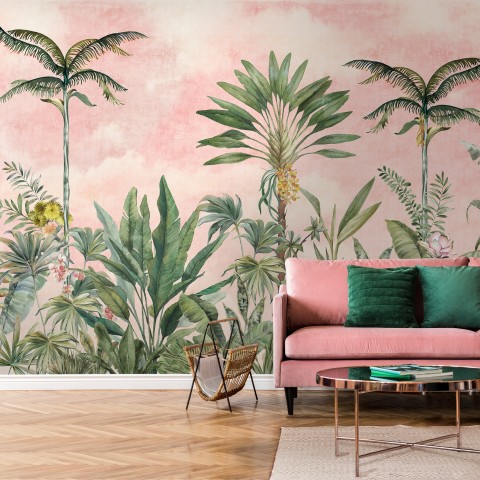 ou000135_pink1 Pink sofa in a tropical-themed living room with leafy wallpaper and wooden floor for a stylish interior design. | Sky Rye Design Pink sofa in a tropical-themed living room with leafy wallpaper and wooden floor for a stylish interior design.
