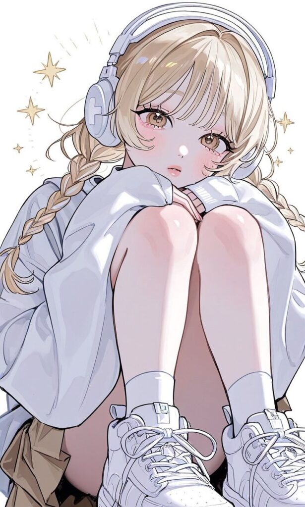 pinterest Anime girl with headphones and braided hair, wearing a cozy sweater and sneakers, sits with stars around her. Kawaii, cute style illustration. | Sky Rye Design Anime girl with headphones and braided hair, wearing a cozy sweater and sneakers, sits with stars around her. Kawaii, cute style illustration.