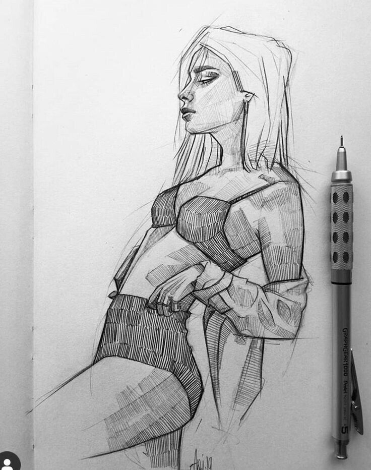 Sketch of a woman in profile, wearing a striped outfit with a jacket draped over her shoulder, next to a graphite pencil on paper.