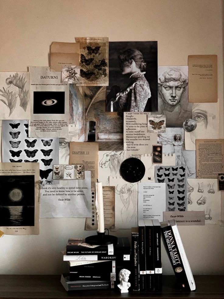 Creative wall collage with drawings, quotes, and book stack, featuring butterflies, Saturn, and sculptures for an inspiring aesthetic.