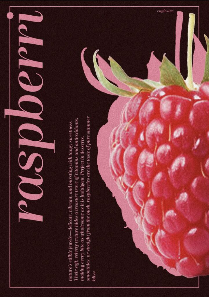 Close-up of a fresh raspberry with a stylized pink text description and artistic design in the background, highlighting its vibrant color.