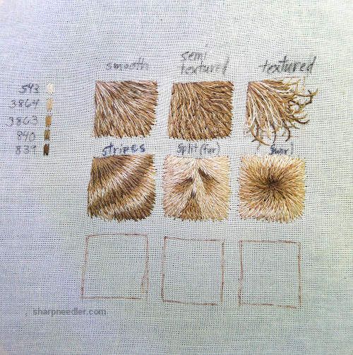 Embroidery texture samples on fabric showing smooth, semi-textured, and textured designs with thread color codes and stitch types.