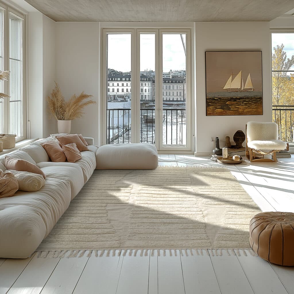 Modern living room with large windows, neutral decor, comfy sofa, and landscape artwork. Bright and airy interior design.