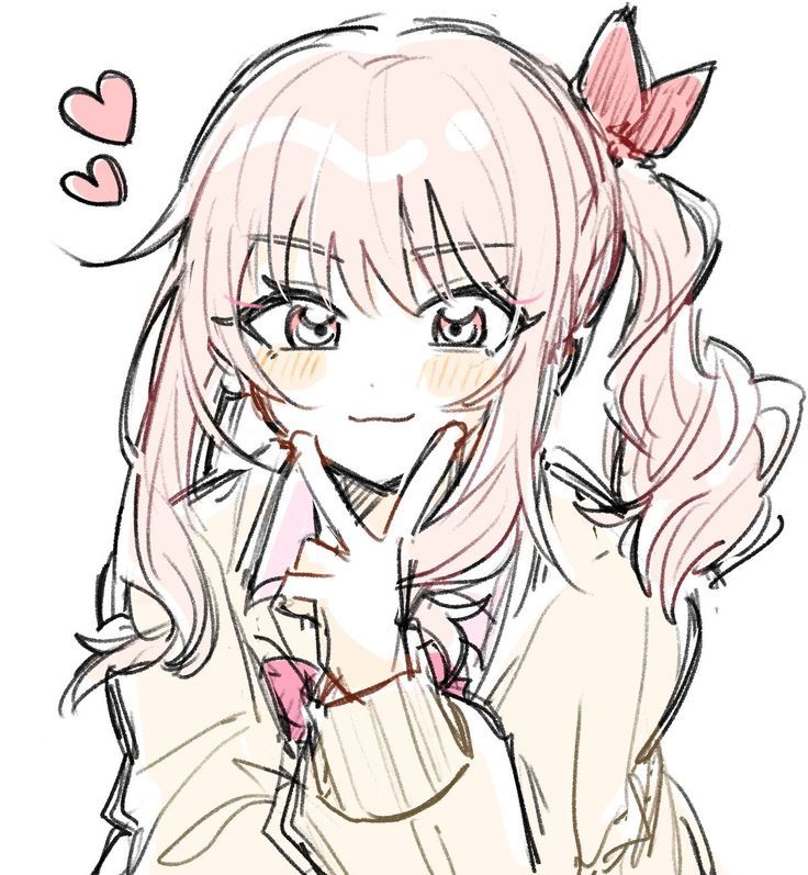 saki tenma project sekaii Cute anime girl sketch with pink hair and bow, making a peace sign with a playful expression and hearts above her head. | Sky Rye Design Cute anime girl sketch with pink hair and bow, making a peace sign with a playful expression and hearts above her head.