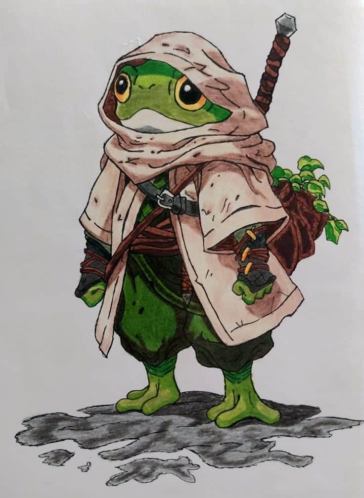 Fantasy-style frog character in a hooded cloak, wielding a sword and carrying a plant-filled backpack, standing on a stone surface.