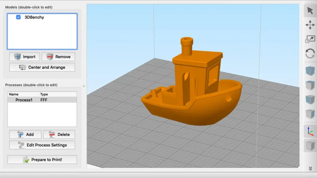 3D printing software displaying a 3DBenchy model, ready for slicing and printing. Perfect for testing printer quality and settings.