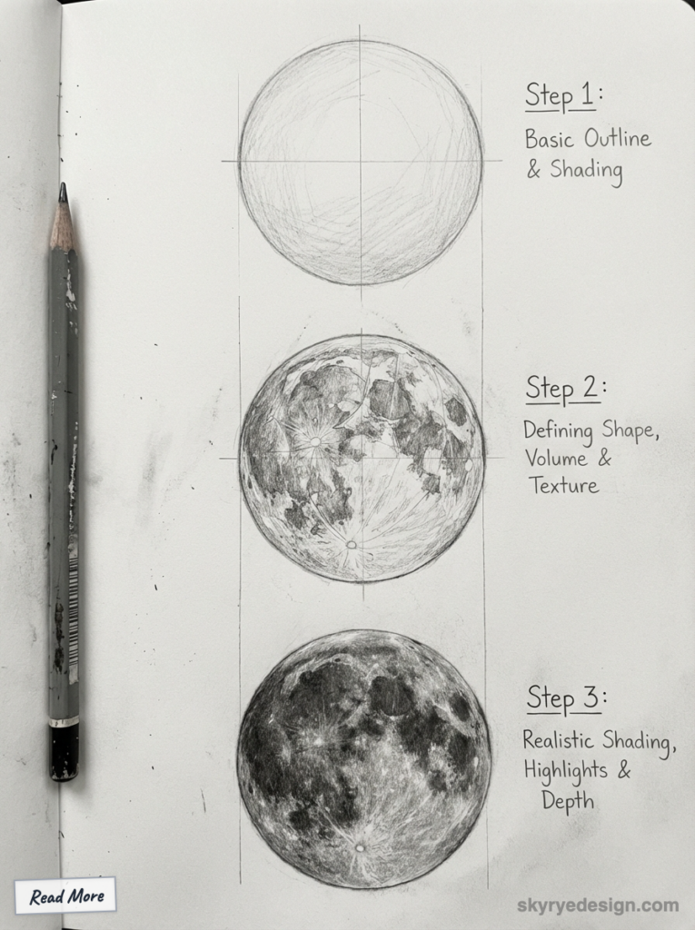 sketch-tutorial - 2026-01-26T175630860 Pencil drawing tutorial showing three steps to sketch the moon: basic outline, adding texture, and realistic shading details. | Sky Rye Design Pencil drawing tutorial showing three steps to sketch the moon: basic outline, adding texture, and realistic shading details.