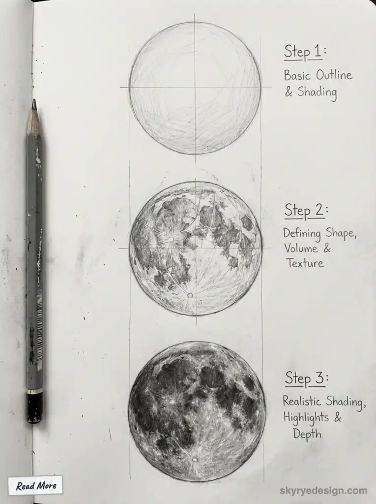 sketch-tutorial - 2026-01-26T175630860 Pencil drawing tutorial showing three steps to sketch the moon: basic outline, adding texture, and realistic shading details. | Sky Rye Design Pencil drawing tutorial showing three steps to sketch the moon: basic outline, adding texture, and realistic shading details.