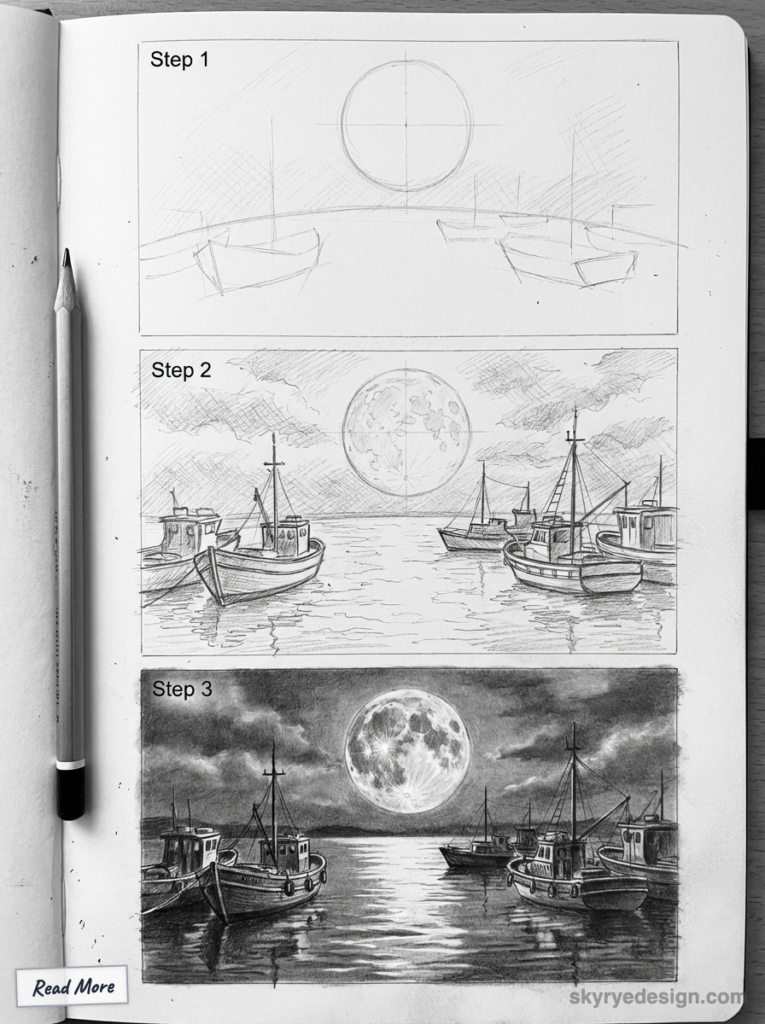sketch-tutorial - 2026-01-26T175857508 Step-by-step pencil sketch tutorial: drawing boats under a full moon. Enhance your art skills with this detailed guide. | Sky Rye Design Step-by-step pencil sketch tutorial: drawing boats under a full moon. Enhance your art skills with this detailed guide.