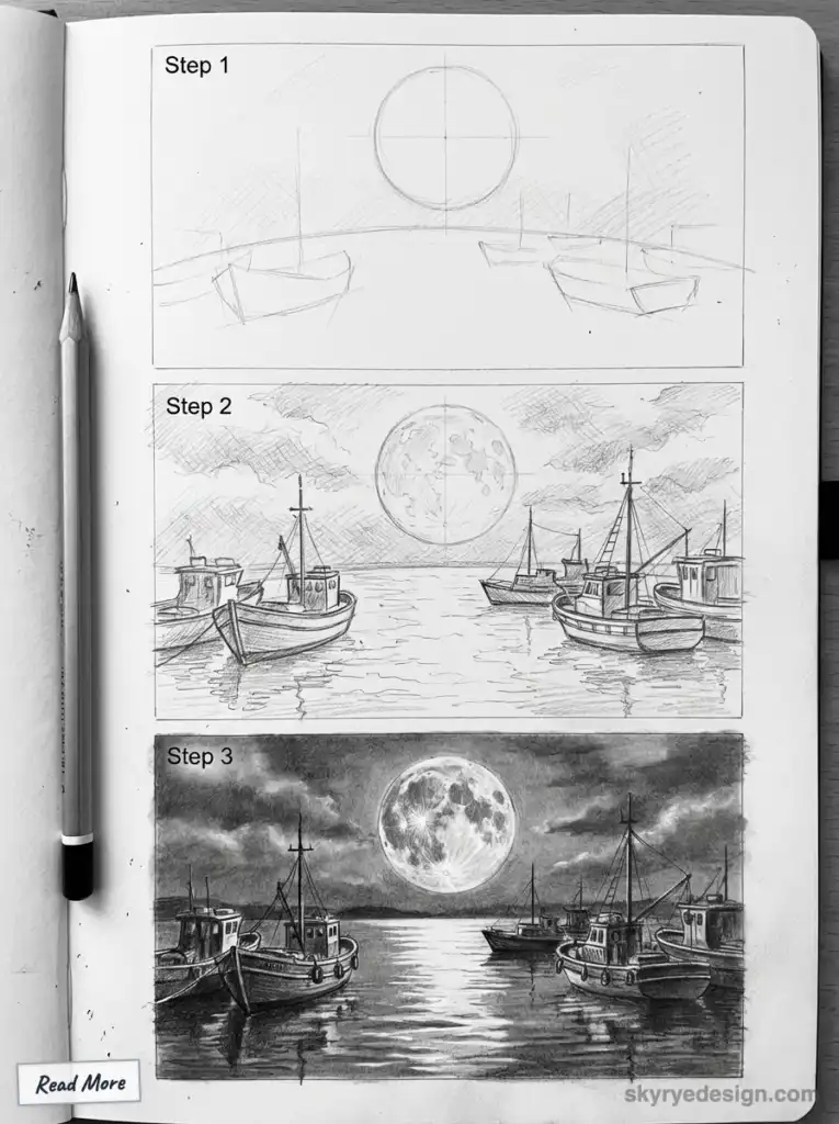 sketch-tutorial - 2026-01-26T175857508 Step-by-step pencil sketch tutorial: drawing boats under a full moon. Enhance your art skills with this detailed guide. | Sky Rye Design Step-by-step pencil sketch tutorial: drawing boats under a full moon. Enhance your art skills with this detailed guide.