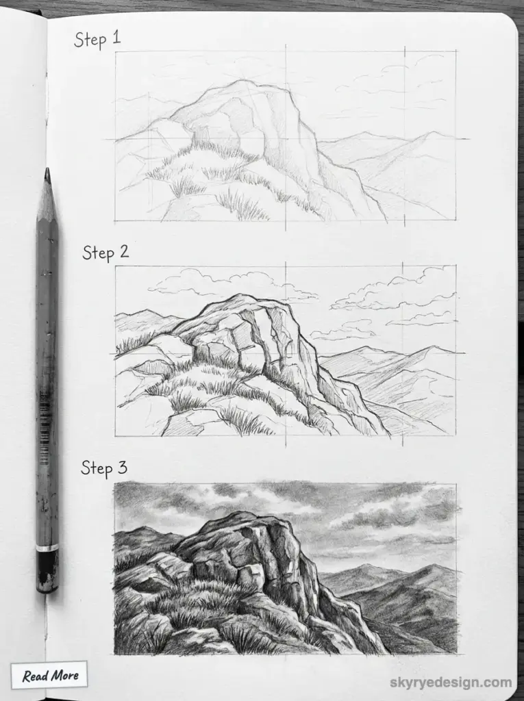 Drawing tutorial: Illustration progresses from basic sketch to detailed mountain scene in three steps, showing pencil drawings on paper.