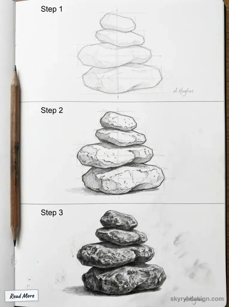 Step-by-step rock pile drawing tutorial with pencil; from rough sketch to detailed shading artistry.