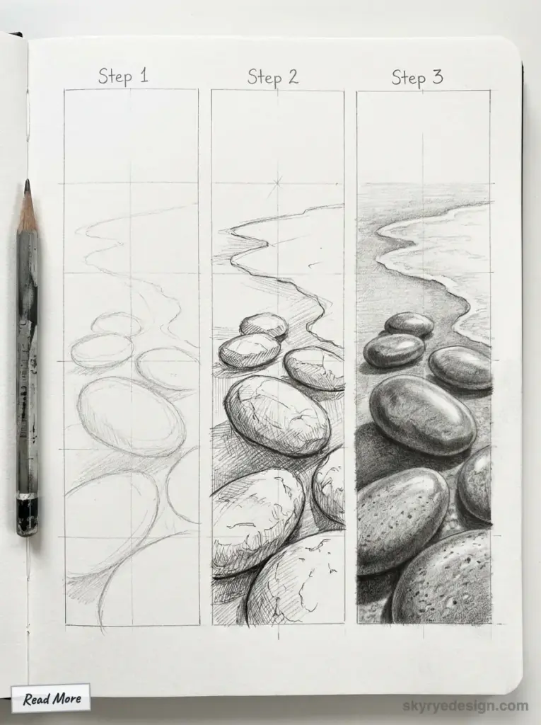 Pencil drawing tutorial in three steps: sketching, shading, and detailed textures of stones by the beach. Pencil and notebook shown.
