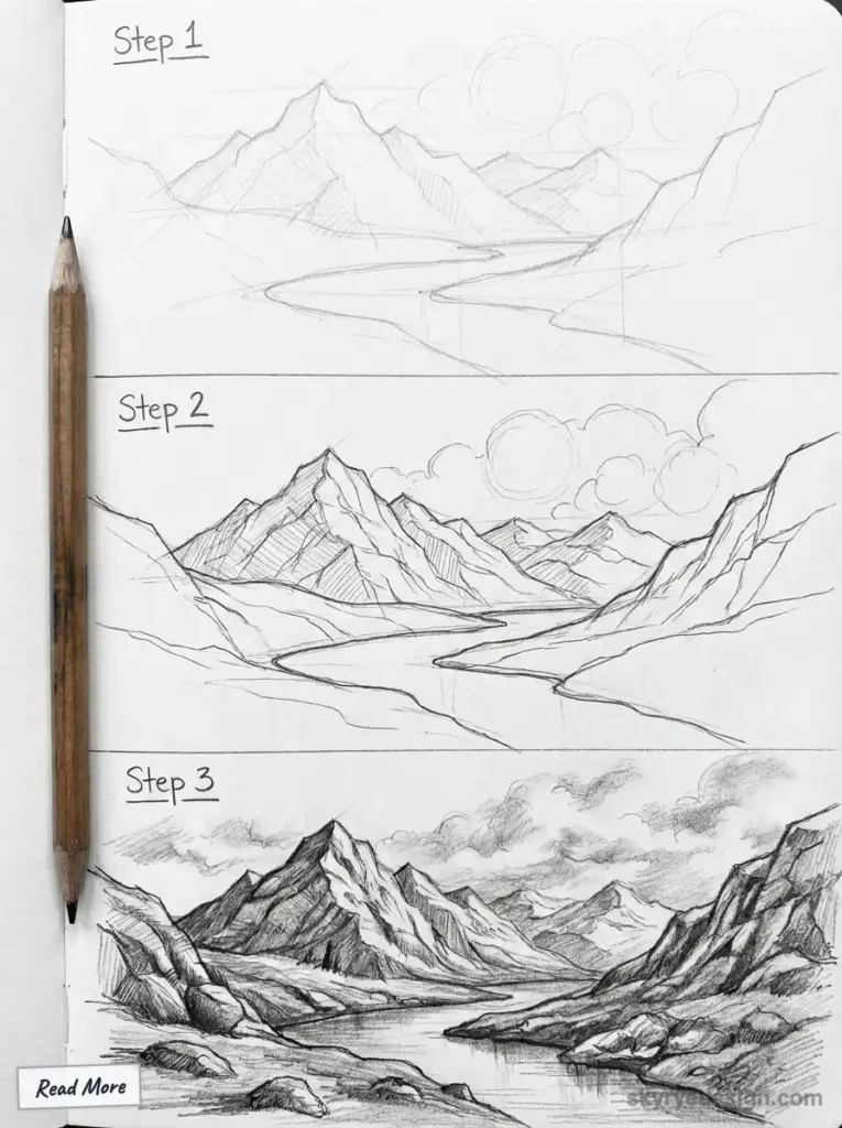 Step-by-step pencil drawing of mountains by a river, showing progress from rough sketch to detailed landscape illustration.