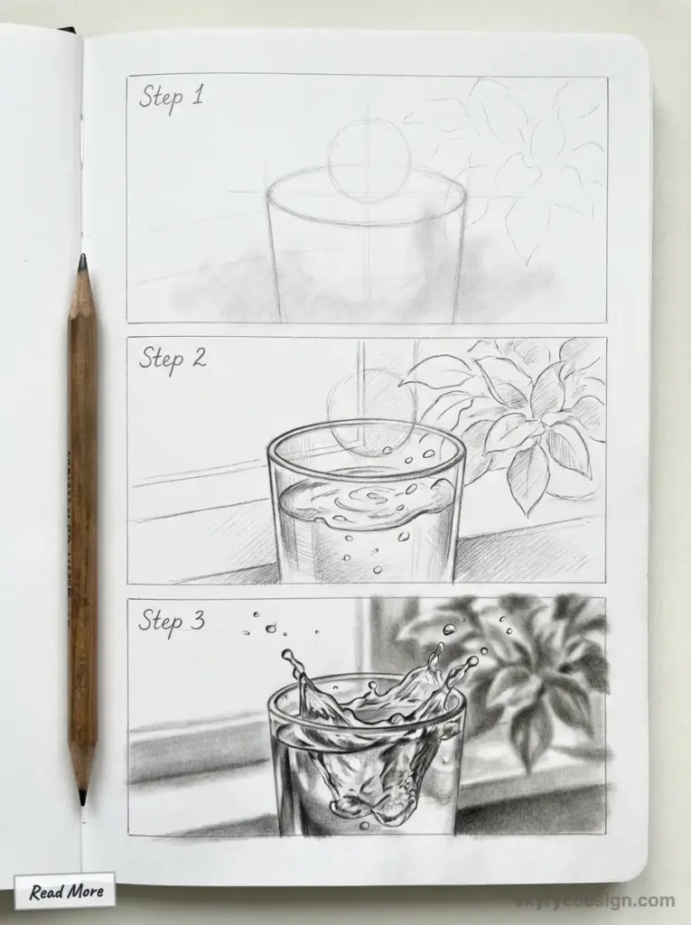 Step-by-step pencil drawing tutorial of a glass with water splashes, featuring three stages of artistic progress. How to Draw a Splash Water