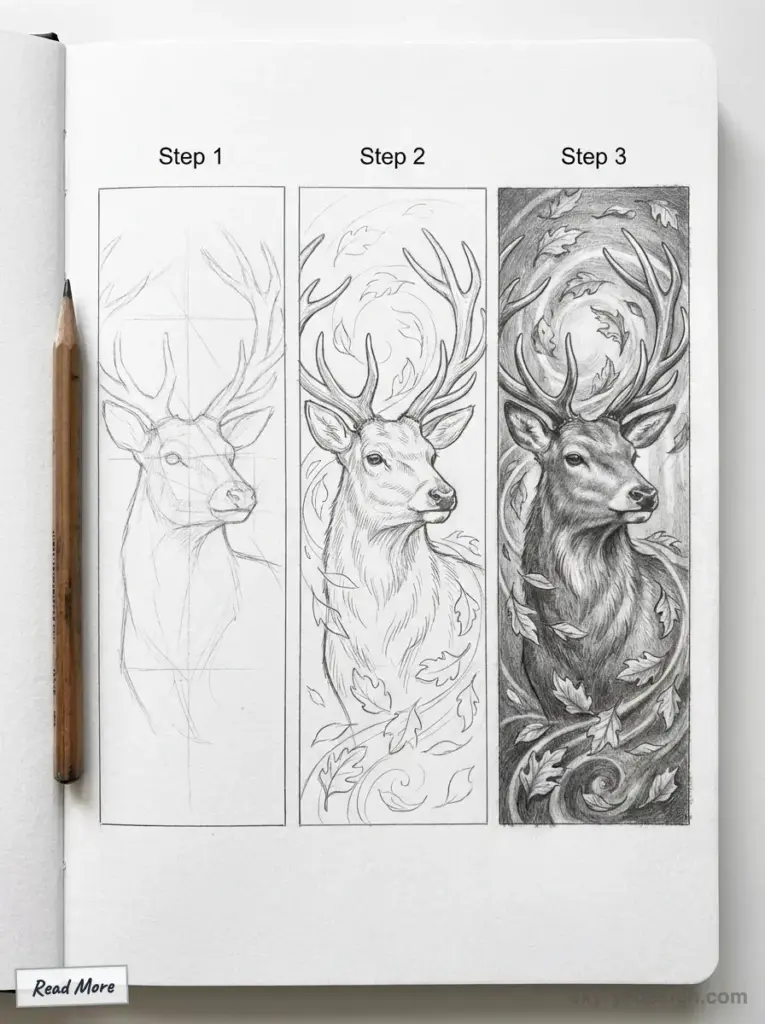 Step-by-step drawing of a stag with antlers, showing the artistic process from sketch to detailed shading, with a pencil on the side.
