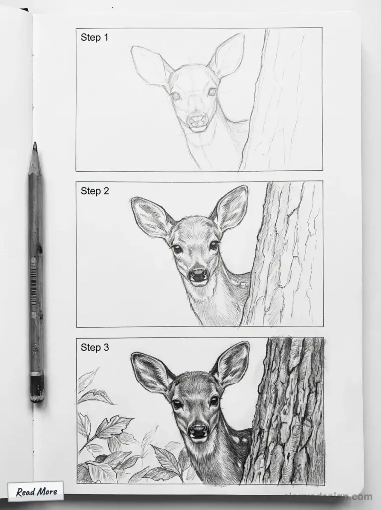 Step-by-step deer drawing tutorial: from basic sketch to detailed illustration with tree and leaves, pencil tool on the side.