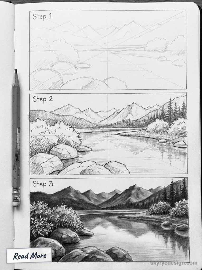 Step-by-step pencil sketch tutorial of a mountain lake landscape with rocks, bushes and reflections, pencil at left.