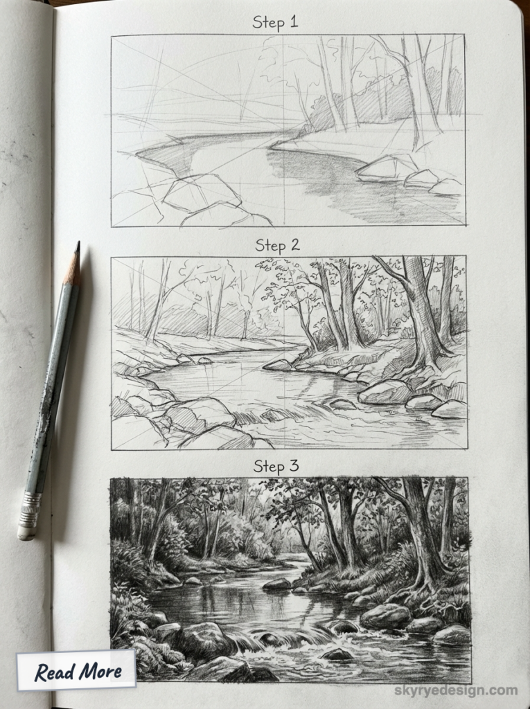 Sketchbook step-by-step pencil tutorial: three stages of a woodland stream landscape drawing with rocks, trees and flowing water.