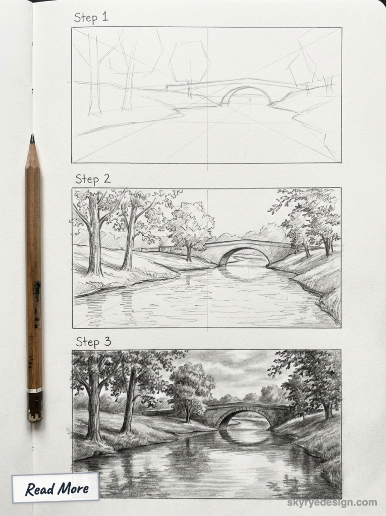 Step-by-step pencil drawing tutorial showing three-stage progression of a riverside landscape sketch with trees, reflections, and an arched stone bridge.