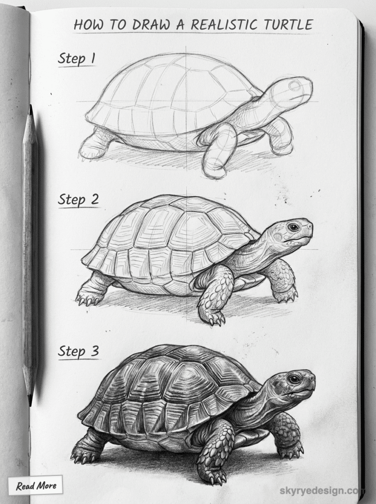sketch-tutorial 55 Step-by-step guide on drawing a realistic turtle with pencil, showing three stages of progression from sketch to final drawing. | Sky Rye Design Step-by-step guide on drawing a realistic turtle with pencil, showing three stages of progression from sketch to final drawing.