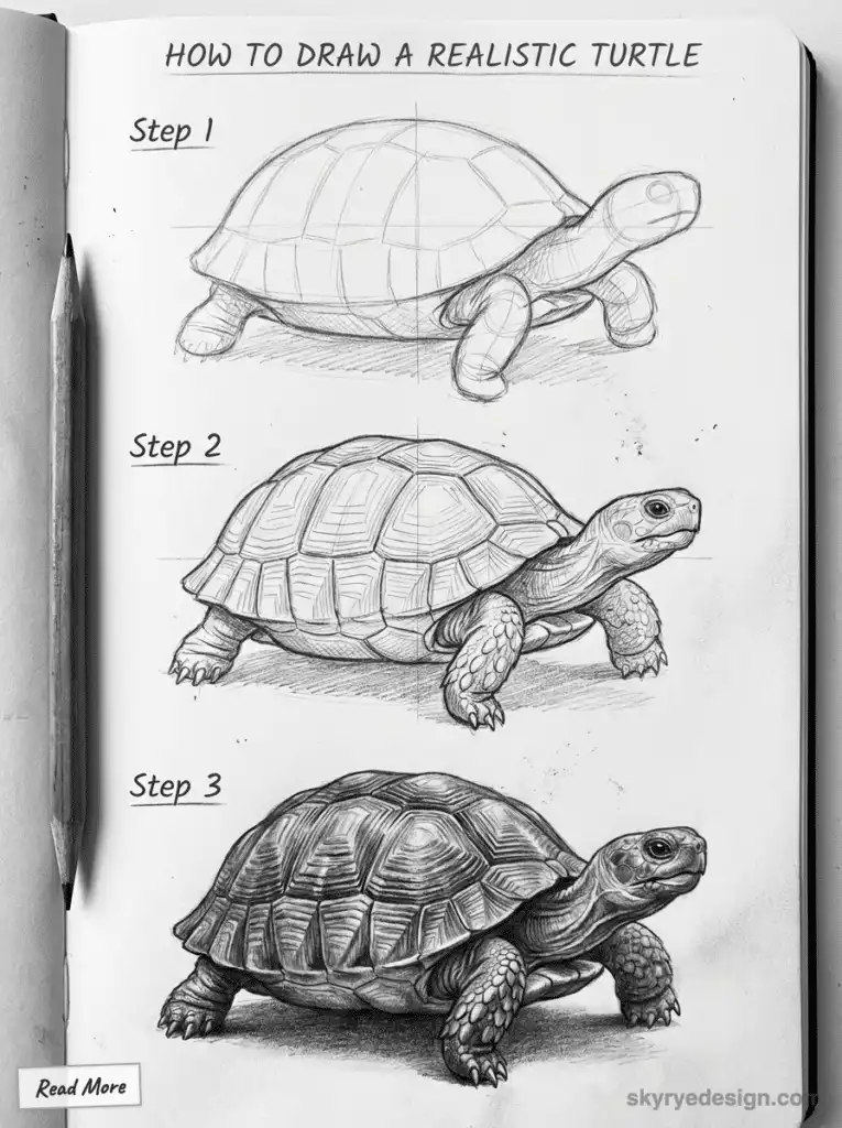 Step-by-step guide on drawing a realistic turtle with pencil, showing three stages of progression from sketch to final drawing.