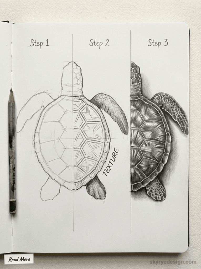 sketch-tutorial 56 Step-by-step guide on drawing a turtle, showing progress from sketch to detailed shading. Includes pencil and labeled Texture. | Sky Rye Design Step-by-step guide on drawing a turtle, showing progress from sketch to detailed shading. Includes pencil and labeled Texture.