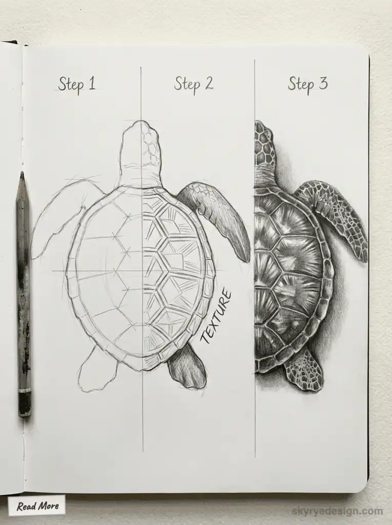 Step-by-step guide on drawing a turtle, showing progress from sketch to detailed shading. Includes pencil and labeled Texture.