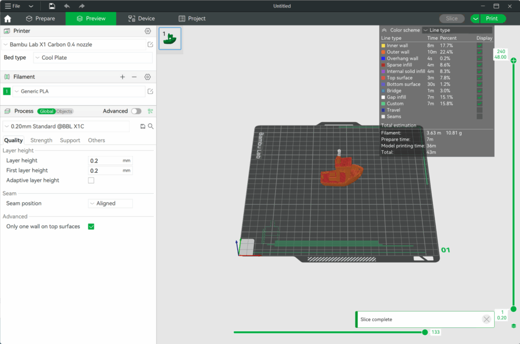 3D printing software interface with a sliced model ready to print. Displays settings like printer type, filament, layer height, and print time.
