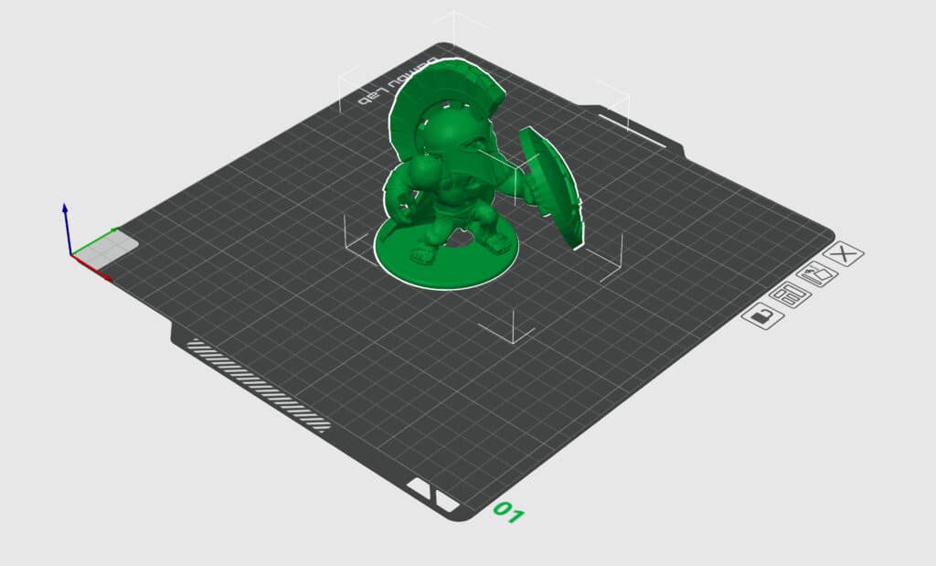 3D model of a Spartan warrior with shield and helmet on a grid platform, ready for 3D printing.