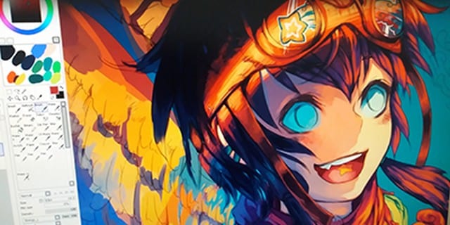 speedpaint Brightly colored digital painting of a cheerful anime character with goggles, large glowing eyes, and vibrant wings in a creative software. | Sky Rye Design Brightly colored digital painting of a cheerful anime character with goggles, large glowing eyes, and vibrant wings in a creative software.