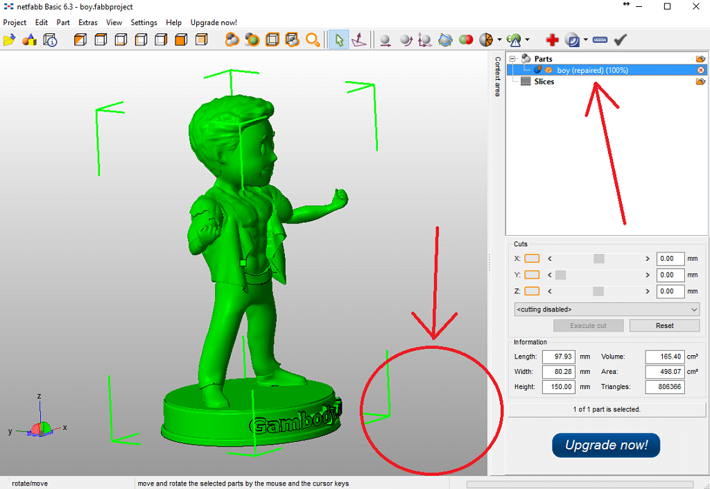 3D modeling software interface displaying a repaired boy figurine in green, with dimensions and upgrade prompt visible.