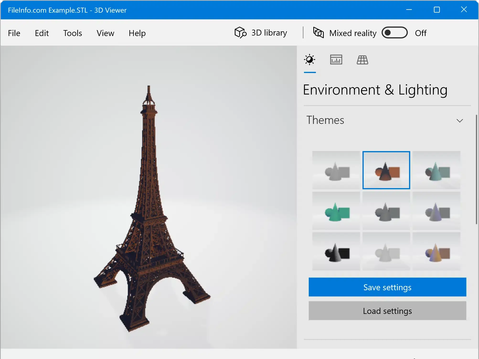 3D model of the Eiffel Tower displayed in a software viewer, showcasing environment and lighting settings on the right panel.