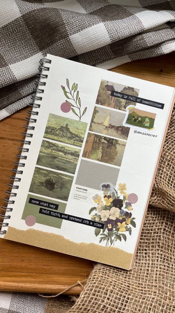 Aesthetic scrapbook page with botanical prints, motivational quotes, and textured fabric background, showcasing creativity and inspiration.