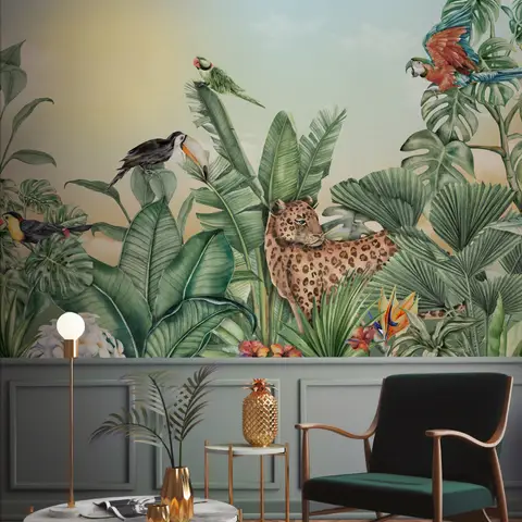 tropical-wallpaper-leopard-in-the-forest-wall-mural-colorful-par_g1hjzqnjzgt_3d_1 Tropical jungle mural with vibrant birds and a leopard, lush greenery, in a stylish interior setting. | Sky Rye Design Tropical jungle mural with vibrant birds and a leopard, lush greenery, in a stylish interior setting.