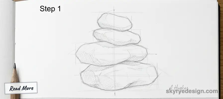 Pencil sketch of stacked stones on a sketchbook, labeled Step 1 with a pencil nearby. Click to learn more at skyyredesign.com.