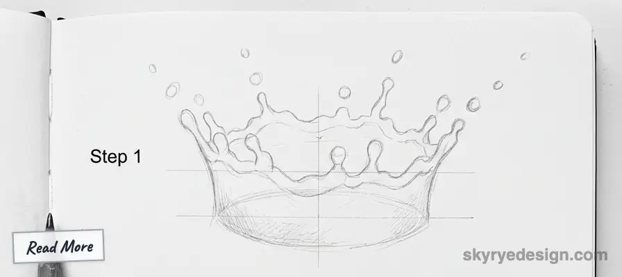 Pencil sketch of a water splash in Step 1 of a drawing tutorial with grid lines on a sketchbook page.