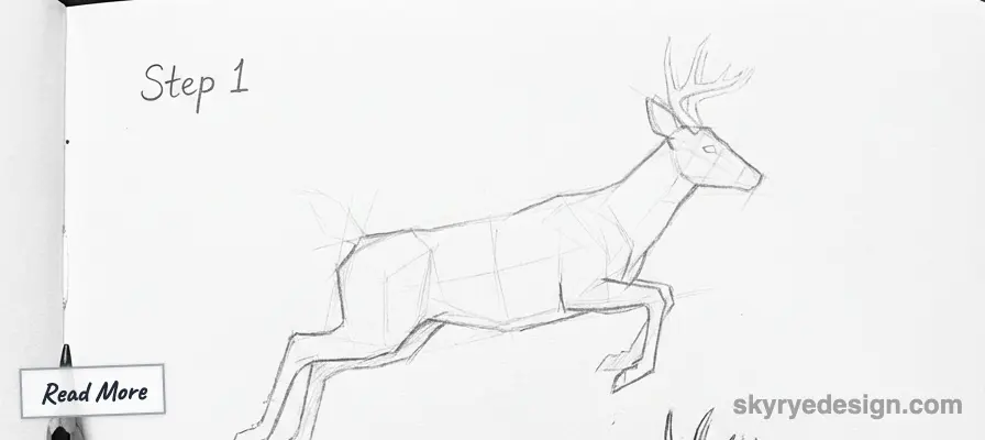 Simple deer sketch outline on paper, labeled Step 1 for drawing tutorial, featuring basic geometric shapes.