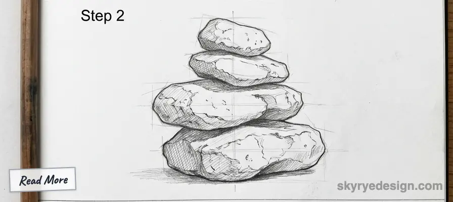 Sketch showing Step 2 in drawing stacked rocks with Read More and skyrydesign.com text on the side.