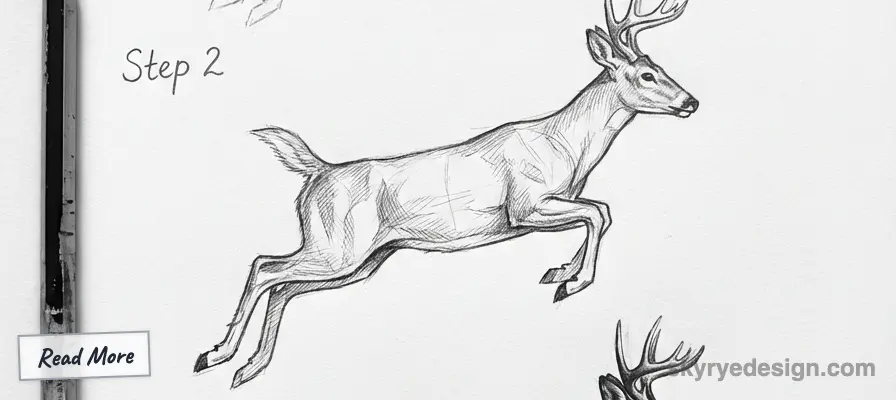 Sketch of a leaping deer in black and white, labeled as Step 2, with a Read More note. Illustration by wyryedesign.com.