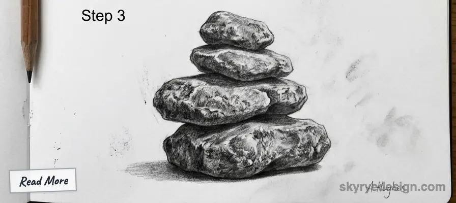 Pencil drawing of a stack of stones on paper, labeled Step 3, with a wooden pencil and a Read More note visible.