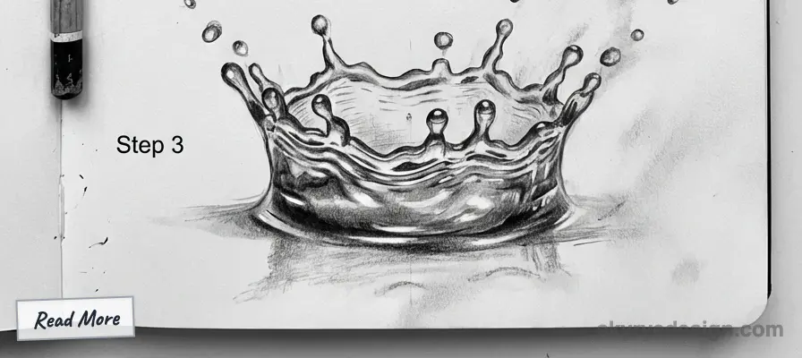 Pencil sketch of a water splash, labeled Step 3 with a Read More prompt on the bottom left.