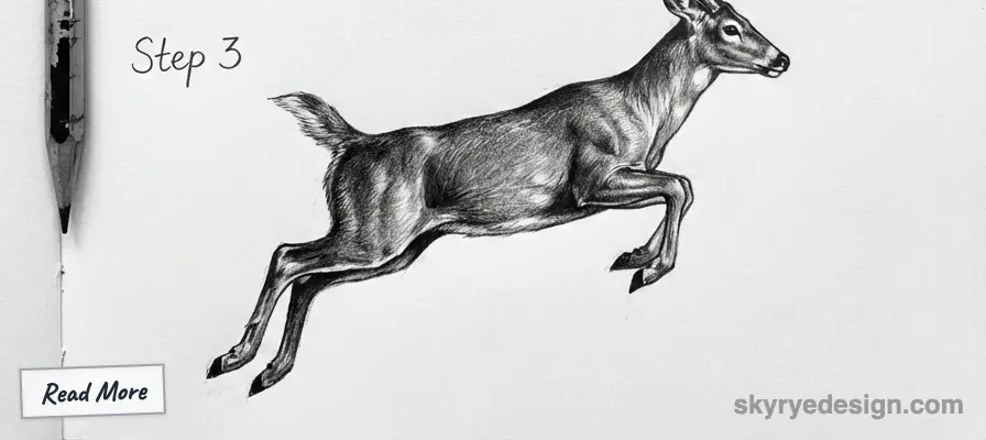 Pencil drawing of a leaping deer, labeled Step 3. Part of an art tutorial process. Pen and Read More text are visible.