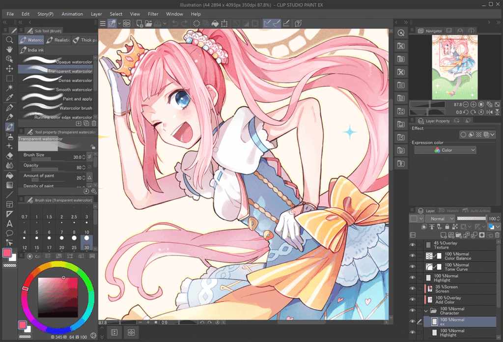 ui2_en Anime character with pink hair and crown smiling in Clip Studio Paint interface. Art tools and color palette visible. | Sky Rye Design Anime character with pink hair and crown smiling in Clip Studio Paint interface. Art tools and color palette visible.