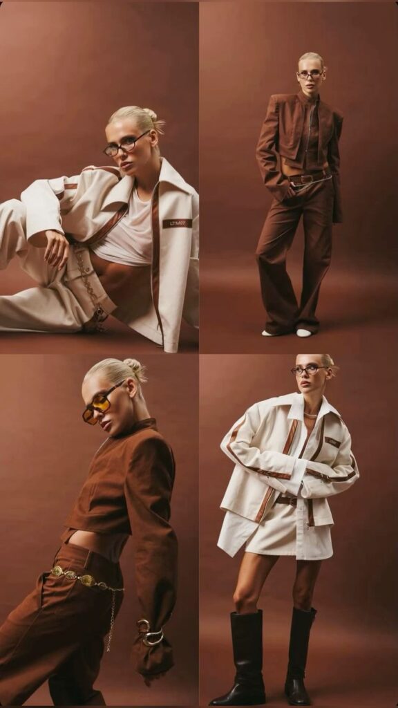 Fashion model in stylish brown and white outfits, showcasing modern trends on a brown backdrop.