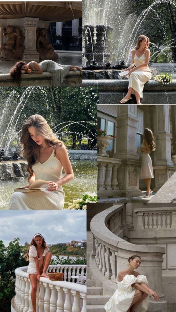 Woman posing elegantly near ornate fountains and stone railings in various settings, wearing light dresses.